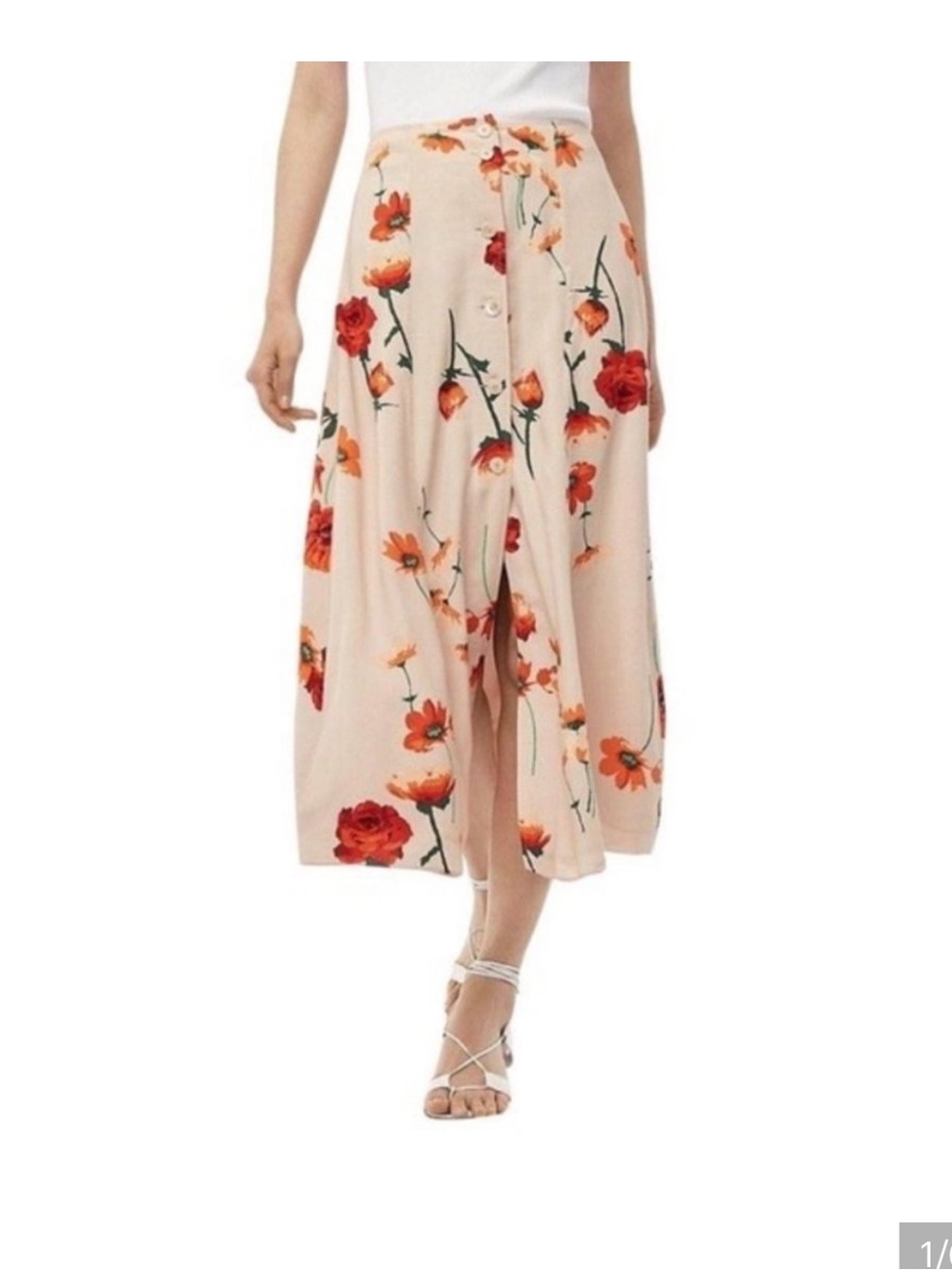 Aritzia Floral Button-Front Midi Skirt - Cream with Red Floral- Size 4